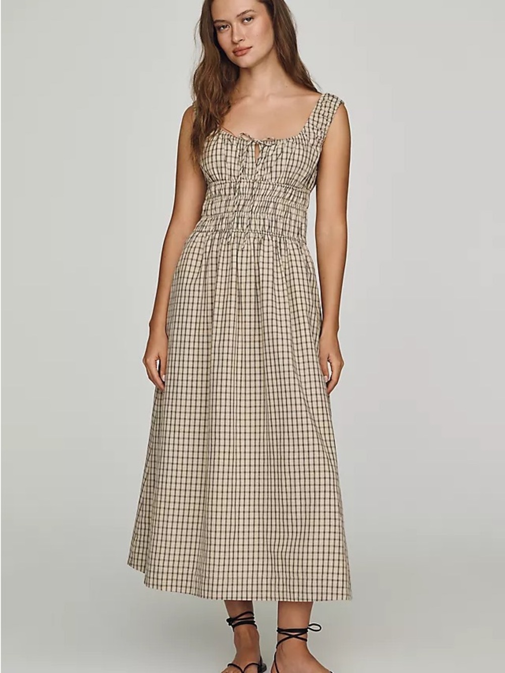 NIA Smocked Checked Midi Dress in Cream and Black